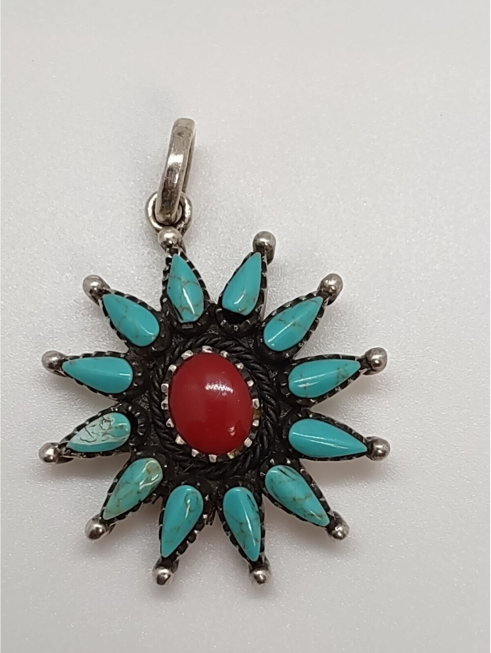 Sterling Silver Turquoise Red Stone Sunburst Pendant 12.1g